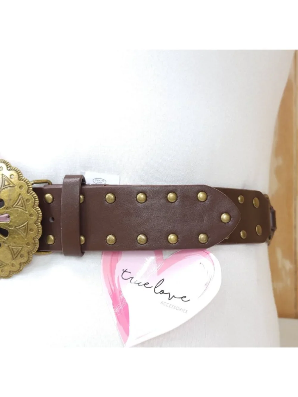 Truelove Brown Brass & Leather Belt with Brass Studs & Buckle M 1 1/2